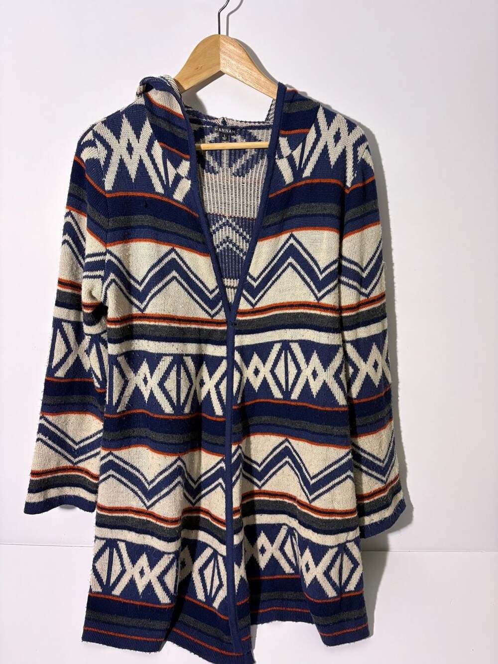 Hannah Cardigan Sweater Size L Open Front Hooded Aztec Geometric
